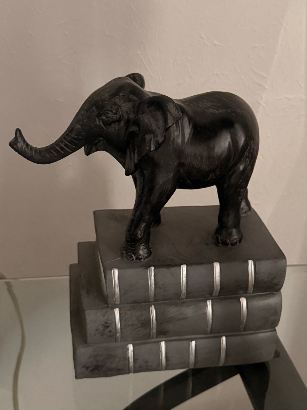 Black Elephant Sculpture on Book Stack Decorative Accent